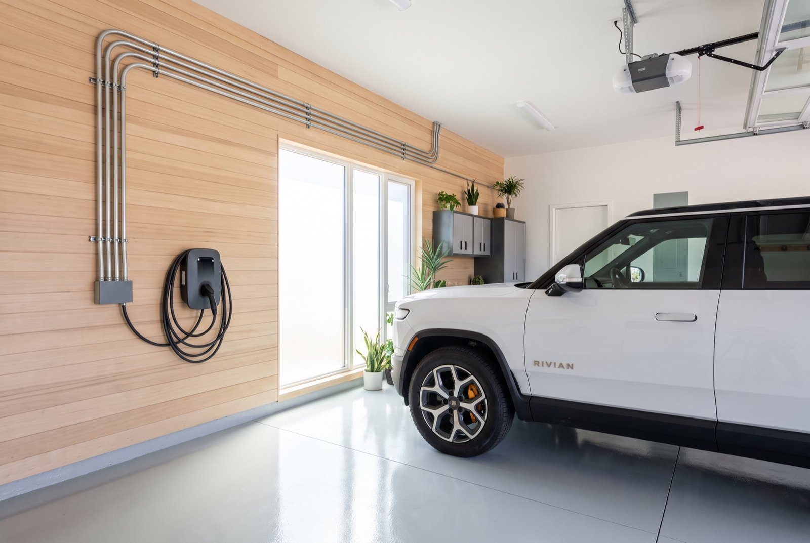 Wall-mounted Level 2 EV charger in a modern garage with a white electric SUV