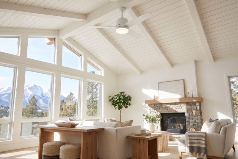 White ceiling fan installed on a vaulted shiplap ceiling