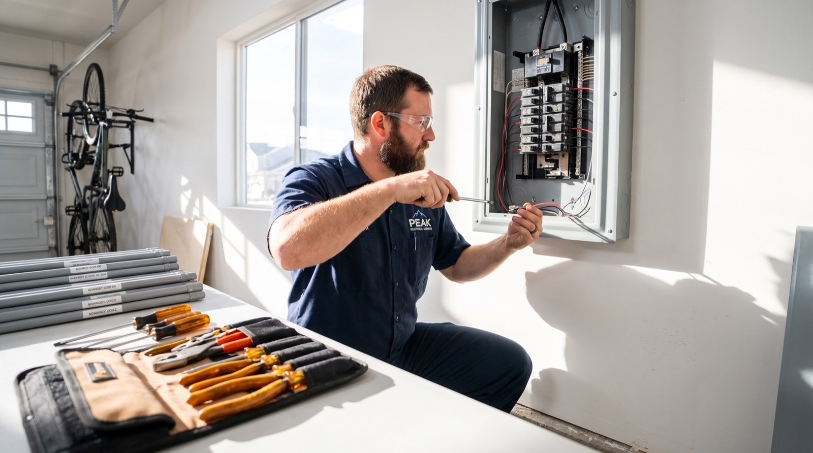 Electrician in safety glasses installing breakers in an open residential panel
