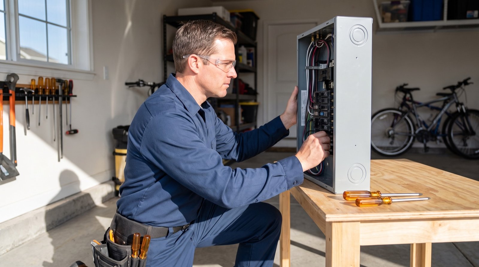 Licensed electrician wiring a residential breaker panel in a garage workshop