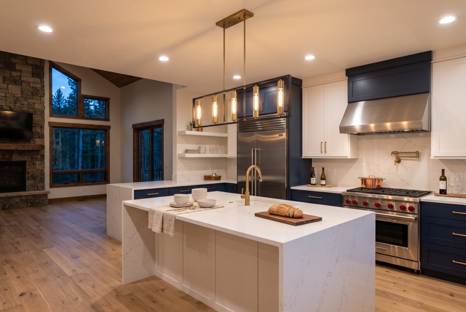 Kitchen with navy cabinets lit by brass pendant fixtures