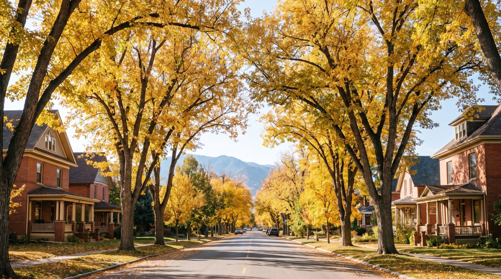 Tree-lined street of historic brick homes in Old Town Fort Collins
