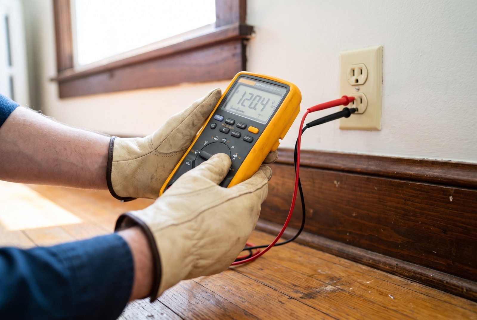 Electrician testing an outlet with a multimeter in an older home