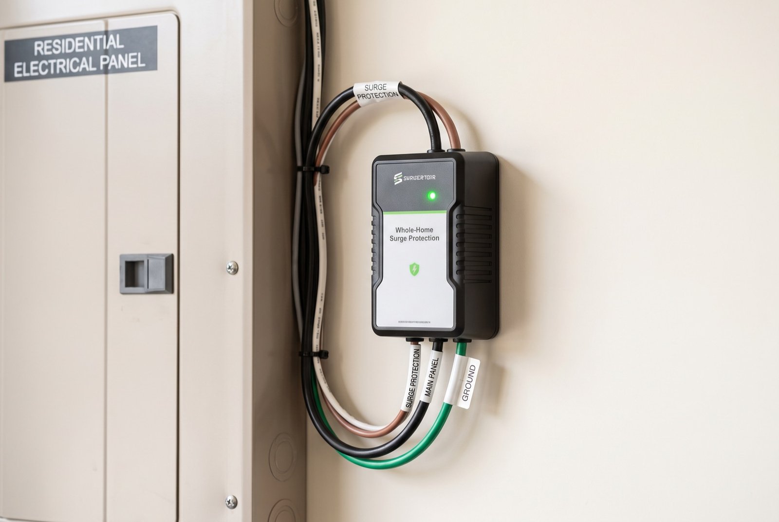 Whole-home surge protection device beside a residential electrical panel