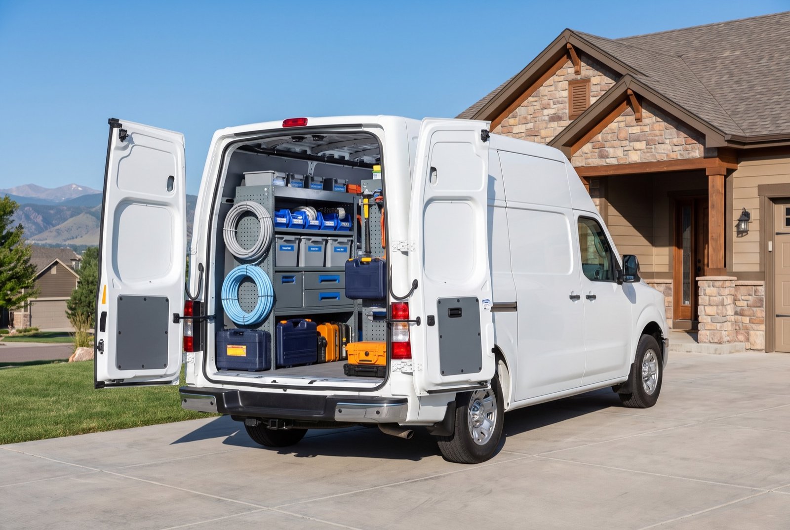 Zappy Electric work van stocked with organized shelves of parts and tools